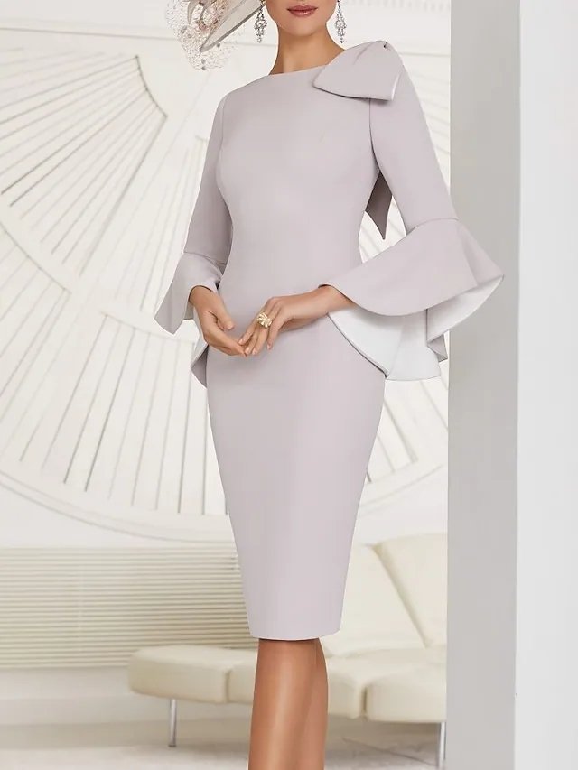 Sheath / Column Mother of the Bride Dress Elegant Jewel Neck Knee Length Stretch Fabric Long Sleeve with Bow(s) Ruffles