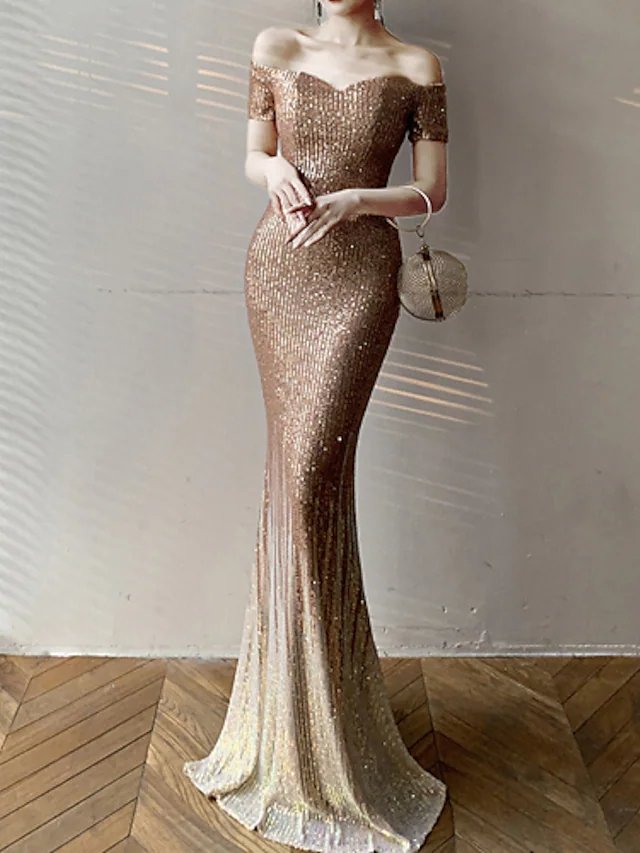 Mermaid / Trumpet Color Block Sparkle Wedding Guest Formal Evening Dress Off Shoulder Short Sleeve Floor Length Sequined with Sequin
