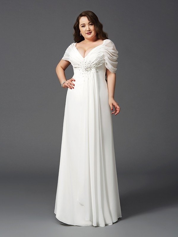 A-Line/Princess Off-the-Shoulder Ruched Short Sleeves Long Chiffon Plus Size Dresses