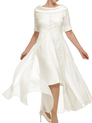 Sheath / Column Mother of the Bride Dress Elegant Cowl Neck Knee Length Chiffon Satin Half Sleeve with Buttons