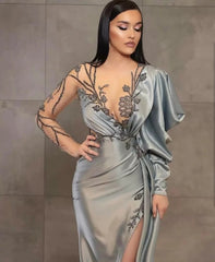 Gray Evening Dresses Mermaid Scoop Long Sleeves Beaded Slit Long Turkey Dubai Saudi Arabic Evening Gown Prom Dresses
