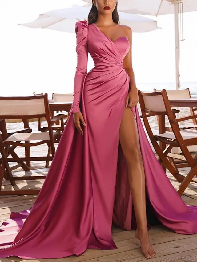 A-Line Elegant Vintage Party Wear Prom Dress One Shoulder Long Sleeve Court Train Satin with Ruched Split