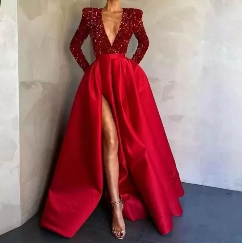 Red Evening Dresses A-line V-neck Long Sleeves Sequins Slit Long Turkey Dubai Saudi Arabic Evening Gown Prom Dresses