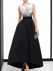 A-Line Beautiful Back Elegant Wedding Guest Formal Evening Dress Boat Neck Sleeveless Asymmetrical Satin with Appliques