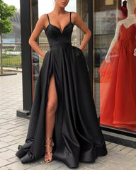 Sexy Split Prom Dress Long Satin V-neck Evening Gown With Straps