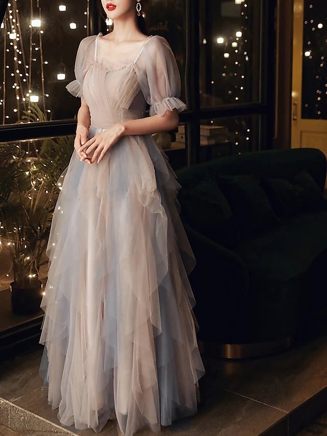 A-Line Color Block Elegant Wedding Guest Prom Dress Scoop Neck Half Sleeve Floor Length Tulle