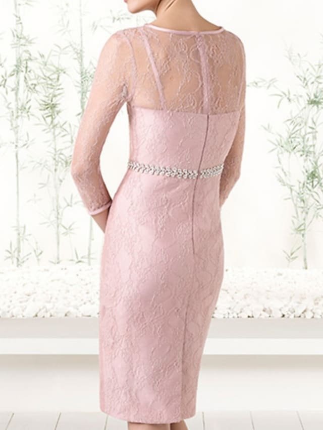 Sheath / Column Mother of the Bride Dress Elegant Jewel Neck Knee Length Chiffon Lace Half Sleeve with Sash / Ribbon