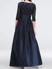A-Line Mother of the Bride Dress Elegant V Neck Floor Length Lace Satin 3/4 Length Sleeve with Sash / Ribbon Pleats