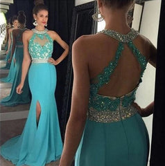 Turquoise Robe De Soiree Mermaid Halter Chiffon Lace Beaded Backless Sexy Long Prom Dresses Prom Gown Evening Dresses