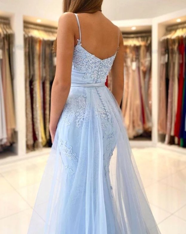 Sky Blue Evening Dresses Mermaid Spaghetti Straps Tulle Applique Long Turkey Dubai Saudi Arabic Evening Gown Prom Dresses