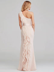 Sheath / Column One Shoulder Long Length Chiffon Bridesmaid Dress with Cascading Ruffles