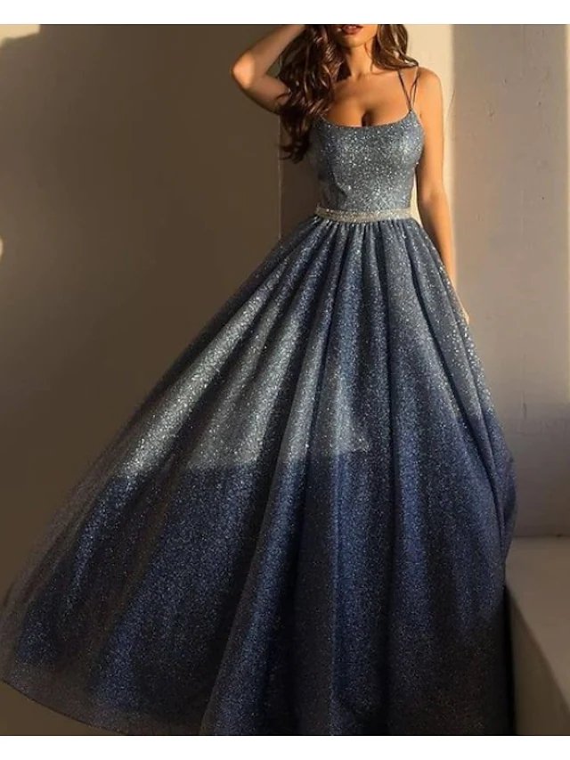 A-Line Luxurious Princess Engagement Prom Dress Spaghetti Strap Sleeveless Floor Length Sequined with Pleats