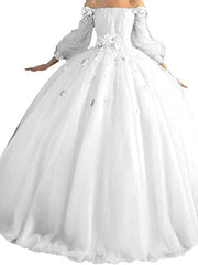 Ball Gown Elegant Floral Quinceanera Prom Dress Off Shoulder Long Sleeve Floor Length Tulle with Pleats Appliques