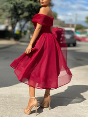 A-Line Empire Minimalist Party Wear Prom Dress Off Shoulder Sleeveless Tea Length Tulle with Pleats