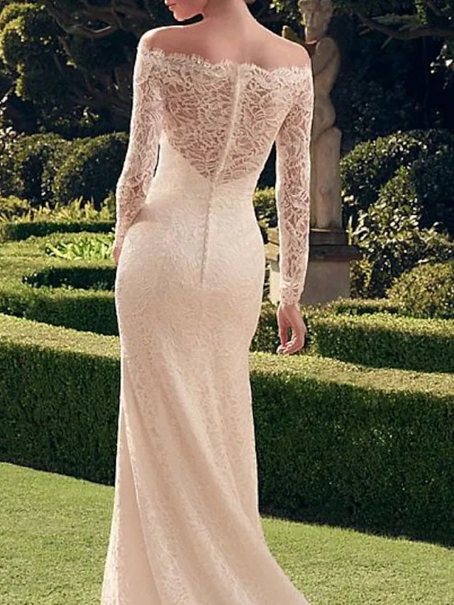 Mermaid / Trumpet Wedding Dresses Off Shoulder Sweep / Brush Train Lace Long Sleeve Romantic Sexy See-Through with Embroidery