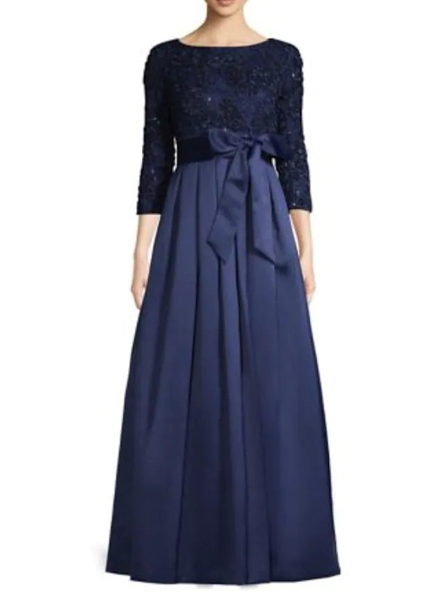 A-Line Mother of the Bride Dress Elegant Jewel Neck Floor Length Polyester 3/4 Length Sleeve with Ruching