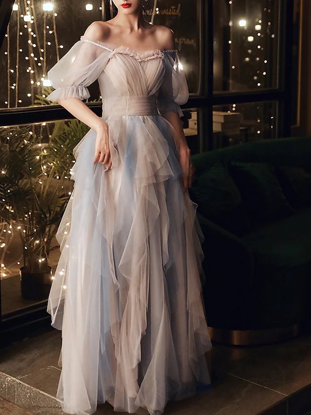 A-Line Color Block Elegant Wedding Guest Prom Dress Scoop Neck Half Sleeve Floor Length Tulle with Pleats Ruffles