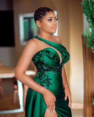 Green South African Prom Dresses Mermaid One-shoulder Appliques Slit Sexy Long Robe De Soiree Prom Gown Evening Dresses