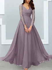 A-Line Mother of the Bride Dress Elegant V Neck Floor Length Chiffon Lace Long Sleeve with Lace Appliques