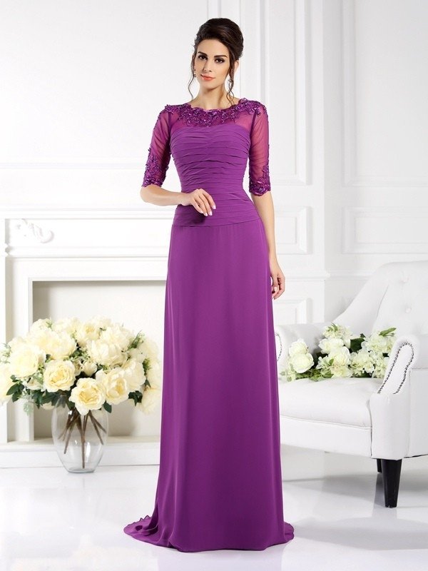 Sheath/Column Scoop Applique 1/2 Sleeves Long Chiffon Mother of the Bride Dresses