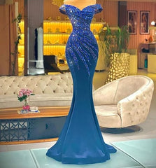 Blue Robe De Soiree Mermaid Off The Shoulder Beaded Crystals Long Prom Dresses Prom Gown Evening Dresses