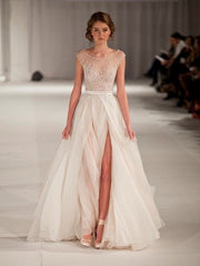 A-line/Princess Scoop Sleeveless Short Sleeves Floor-length Organza Prom Dresses