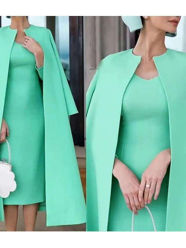 Two Piece Sheath / Column Mother of the Bride Dress Elegant Jewel Neck Knee Length Stretch Fabric Half Sleeve with Solid Color