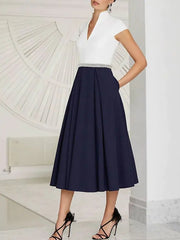 A-Line Mother of the Bride Dress Elegant Vintage V Neck Tea Length Stretch Fabric Short Sleeve with Sash / Ribbon Pleats