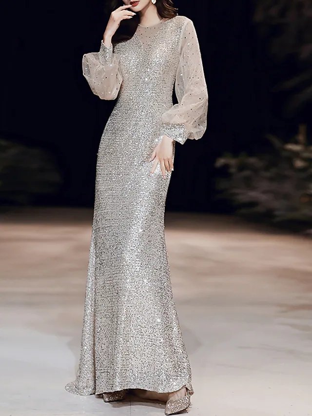 A-Line Mermaid / Trumpet Sparkle Elegant Prom Formal Evening Dress Illusion Neck Long Sleeve Sweep / Brush Train Sequined with Sequin