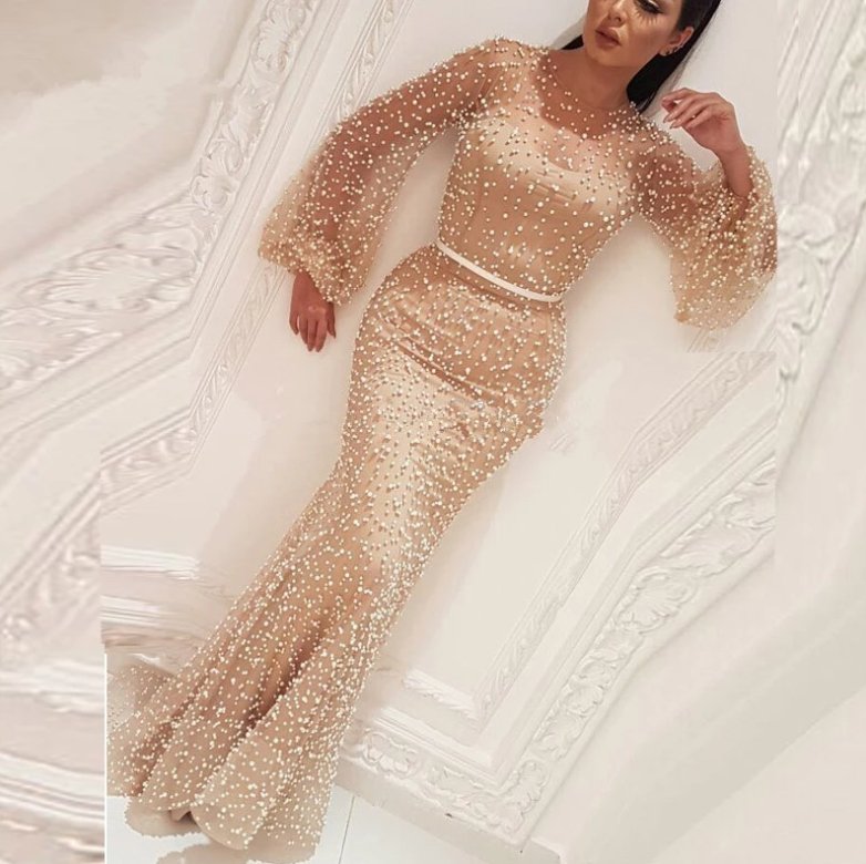 Luxurious Muslim Evening Dresses Mermaid Long Sleeves Pearls Champagne Islamic Dubai Saudi Arabic Long Formal Evening Gown
