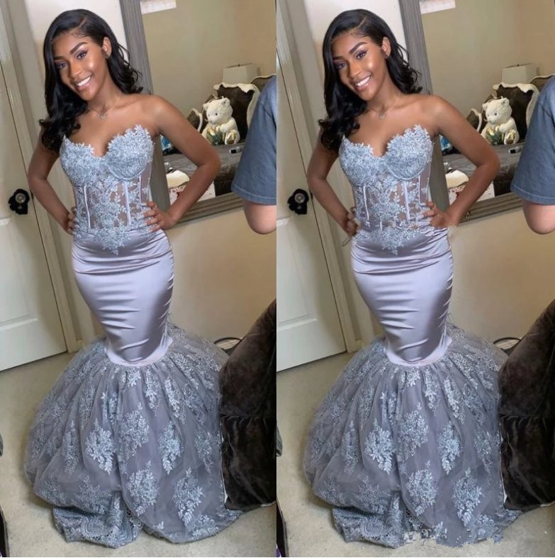 Gray Robe De Soiree Mermaid Sweetheart Appliques Beaded See Through Sexy Long Prom Dresses Prom Gown Evening Dresses