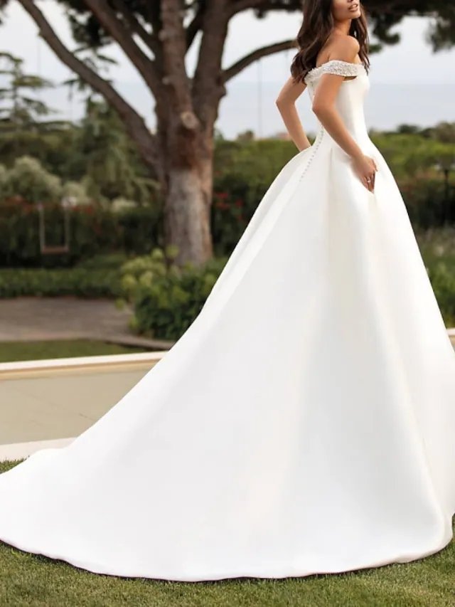 A-Line Wedding Dresses Off Shoulder Court Train Satin Sleeveless Simple with Beading