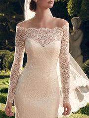 Mermaid / Trumpet Wedding Dresses Off Shoulder Sweep / Brush Train Lace Long Sleeve Romantic Sexy See-Through with Embroidery