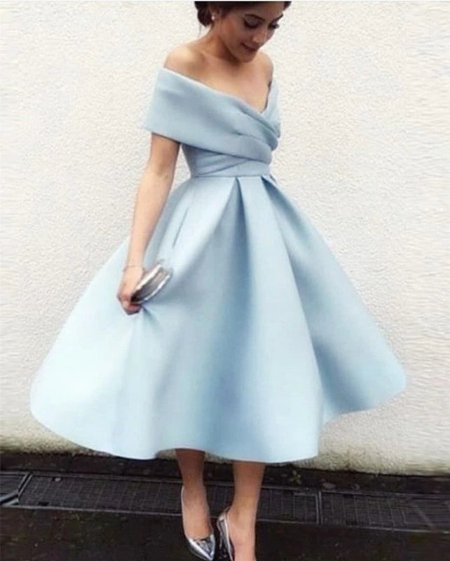 Vintage 1950s Style V-neck Off The Shoulder Tea Length Ball Gowns Party Dresses