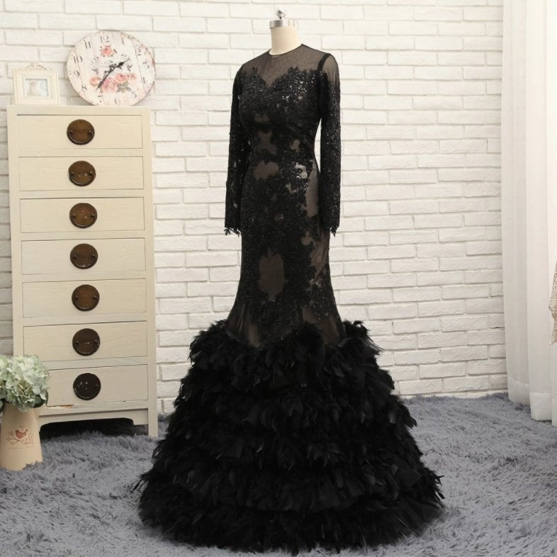 Black Robe De Soiree Mermaid Long Sleeves Appliques Feather See Through Sexy Long Prom Dresses Prom Gown Evening Dress