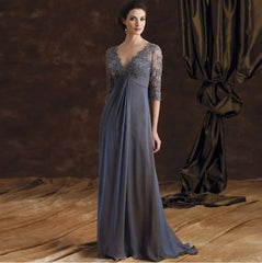 Gray Mother Of The Bride Dresses A-line V-neck Half Sleeves Chiffon Lace Plus Size Groom Long Mother Dresses For Wedding