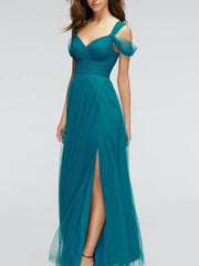 A-Line V Neck Floor Length Tulle Bridesmaid Dress with Split Front