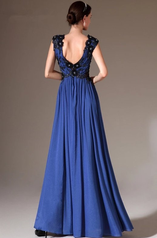 Blue Evening Dresses A-line V-neck Chiffon Appliques Crystals Long Formal Party Evening Gown Prom Dresses Robe De Soiree