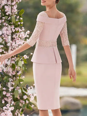 Sheath / Column Mother of the Bride Dress Elegant Jewel Neck Knee Length Stretch Fabric Half Sleeve with Appliques