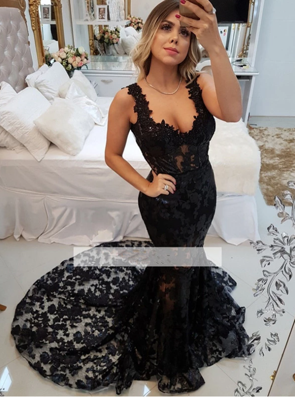 Black Prom Dresses Mermaid Sweetheart Backless Lace Beaded Long Women Prom Gown Evening Dresses Evening Gown Robe De Soiree