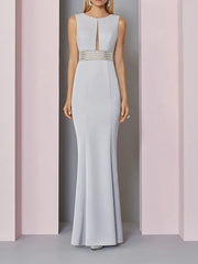 Sheath / Column Mother of the Bride Dress Elegant Jewel Neck Floor Length Stretch Fabric Sleeveless with Sash / Ribbon Sequin