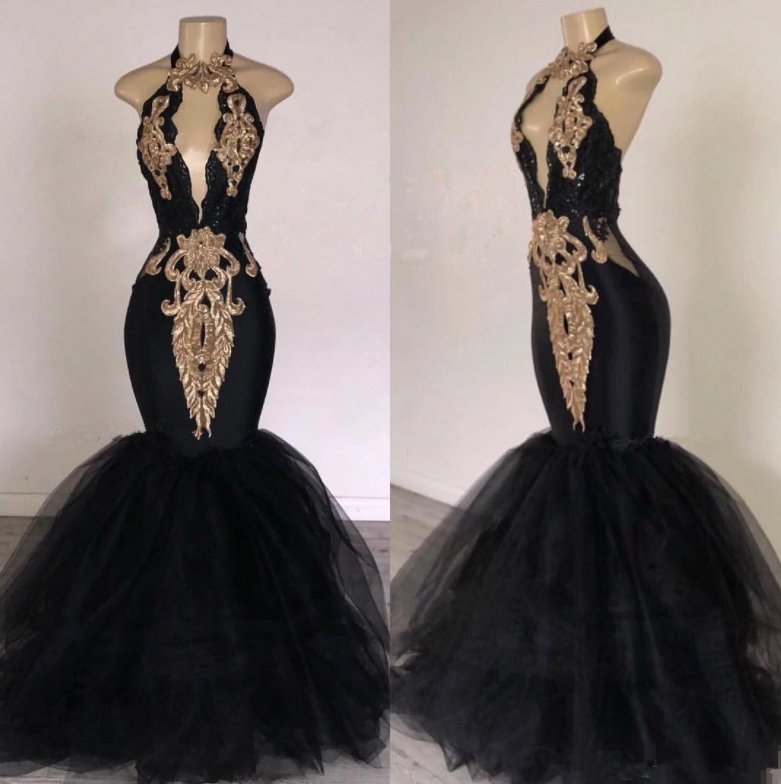 Black Prom Dresses Mermaid Halter Tulle Appliques Dubai Saudi Arabic Long Robe De Soiree Prom Gown Evening Dresses