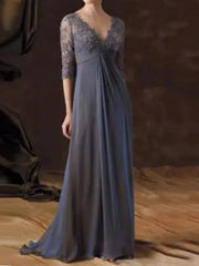 A-Line Mother of the Bride Dress Elegant V Neck Sweep / Brush Train Chiffon Lace Half Sleeve with Pleats Draping