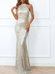 Sheath / Column Luxurious Sexy Party Wear Formal Evening Dress Halter Neck Sleeveless Floor Length Sequined Cotton with Sequin Tassel