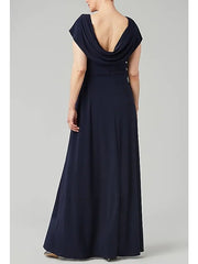 A-Line Mother of the Bride Dress Elegant Cowl Neck Floor Length Chiffon Polyester Short Sleeve with Crystals Beading