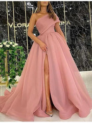 A-Line Luxurious Elegant Engagement Prom Dress One Shoulder Sleeveless Sweep / Brush Train Tulle with Split