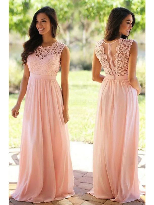 A-Line Jewel Neck Floor Length Chiffon / Lace Bridesmaid Dress with Sash / Ribbon / Pleats