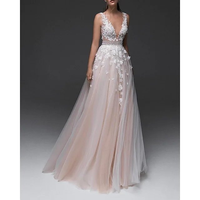 A-Line Wedding Dresses V Neck Floor Length Lace Tulle Sleeveless Country with Appliques