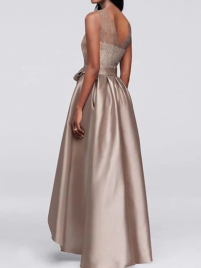 A-Line Mother of the Bride Dress Elegant Jewel Neck Asymmetrical Satin Sleeveless with Bow(s)