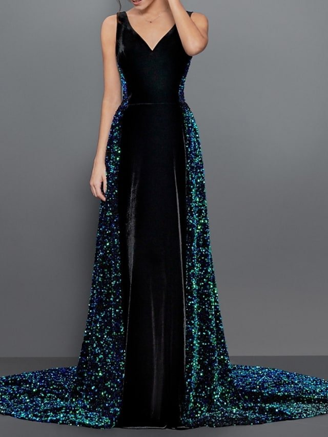 A-Line Sparkle Sexy Engagement Formal Evening Dress V Neck Sleeveless Chapel Train Sequined Velvet with Pleats Sequin